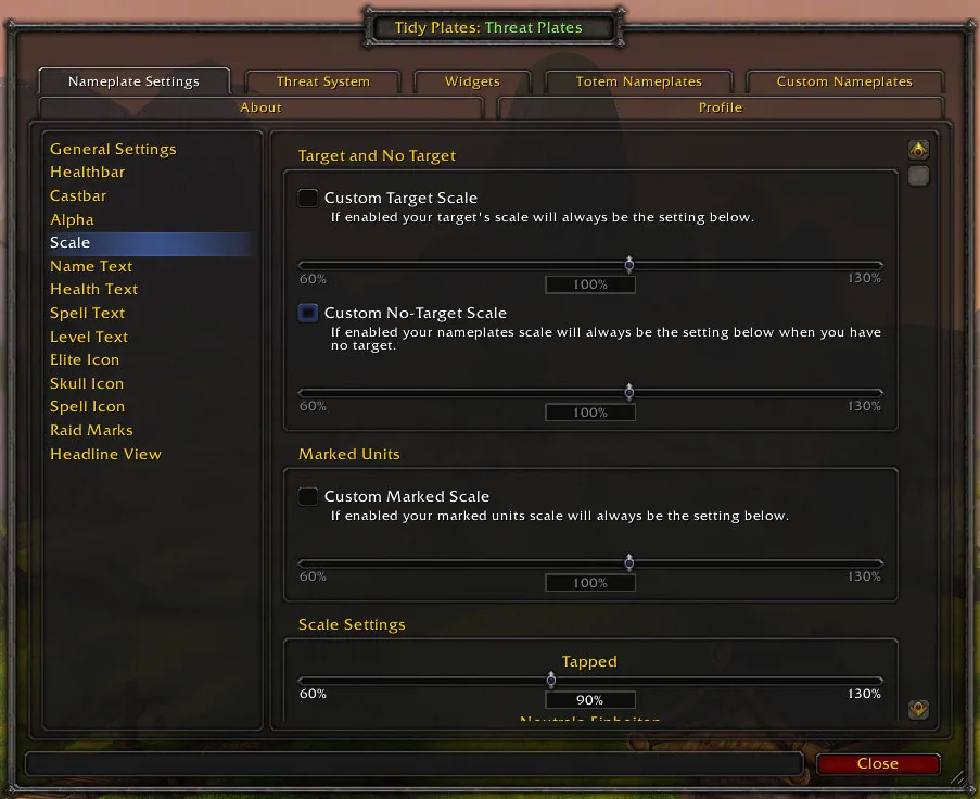 The Threat Plates options window on the Scale page with sliders for target scale, no-target scale and marked units.