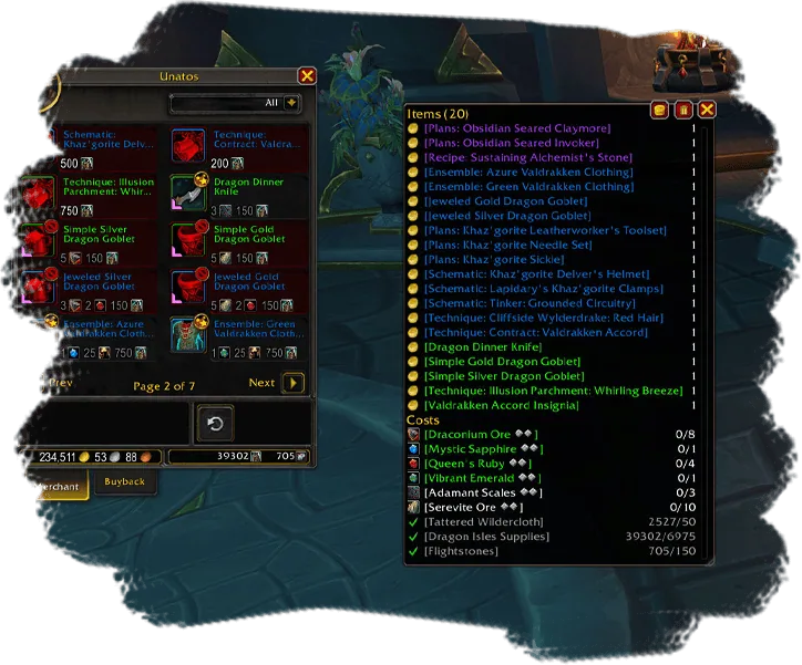 Vendor window next to a list of tracked vendor items with the currency and materials each one costs