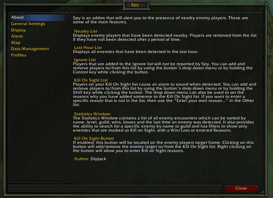 The Spy options window on the About page, explaining the Nearby, Last Hour, Ignore and Kill On Sight lists and the statistics window.