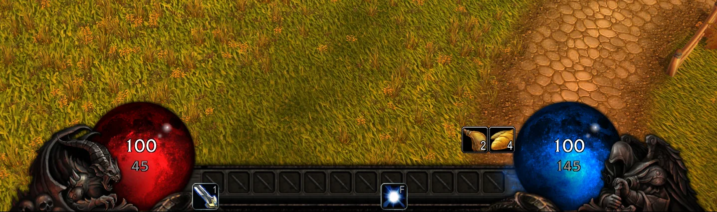 The roth art style: a red health orb and a blue mana orb with dark carved figures on both ends of an empty action bar
