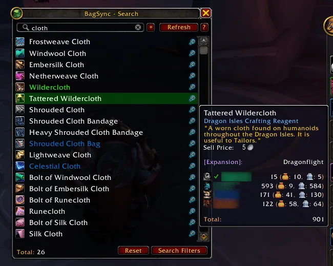 The BagSync search window listing cloth items for the search term cloth, with a tooltip that shows the item count per character.