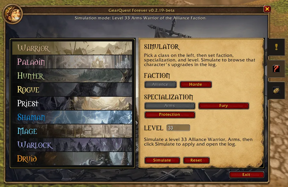 The simulator tab with a class list on the left and faction, specialization and level pickers on the right