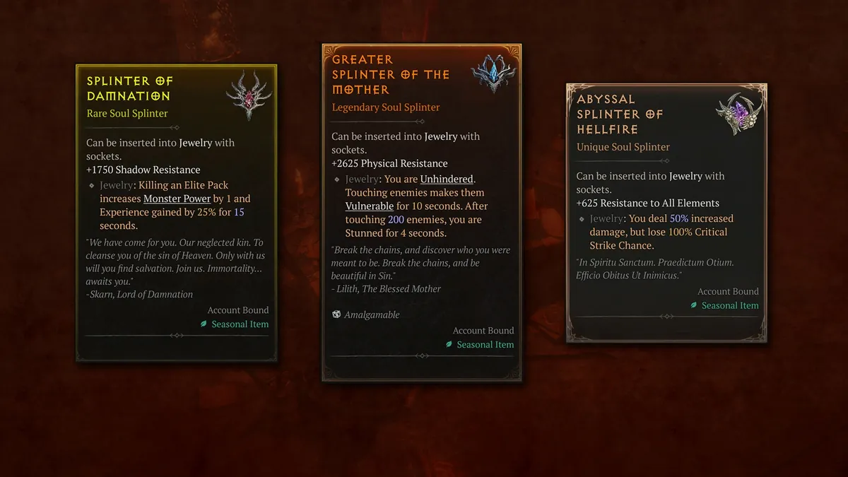 Tooltips von drei Seelenscherben in Diablo 4 Saison 15