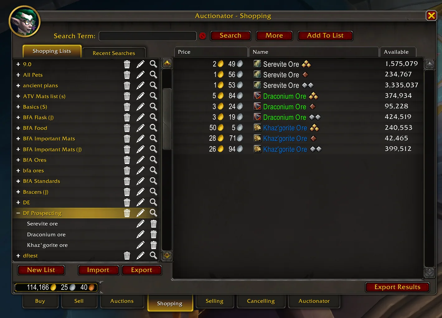 Auctionator Shopping tab in Retail with many shopping lists and ore results