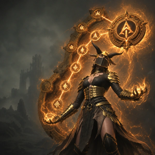 Diablo 4 character with a glowing path of Paragon glyphs