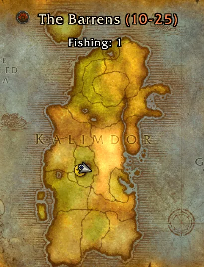 Map tooltip for The Barrens with level 10–25, fishing skill 1 and a faction shield icon next to the zone name.