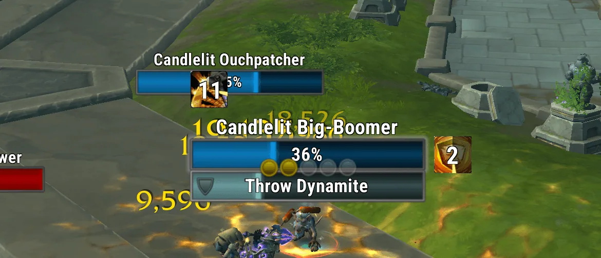 Blue nameplates in the Squirrel style with a debuff icon, a crowd control icon and a castbar showing Throw Dynamite.