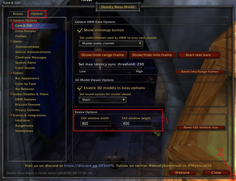 Das Optionsfenster von Deadly Boss Mods auf der Seite Core und GUI mit der Liste der Optionsgruppen links und den Feldern für die Fenstergröße (älterer Screenshot mit roten Markierungen).