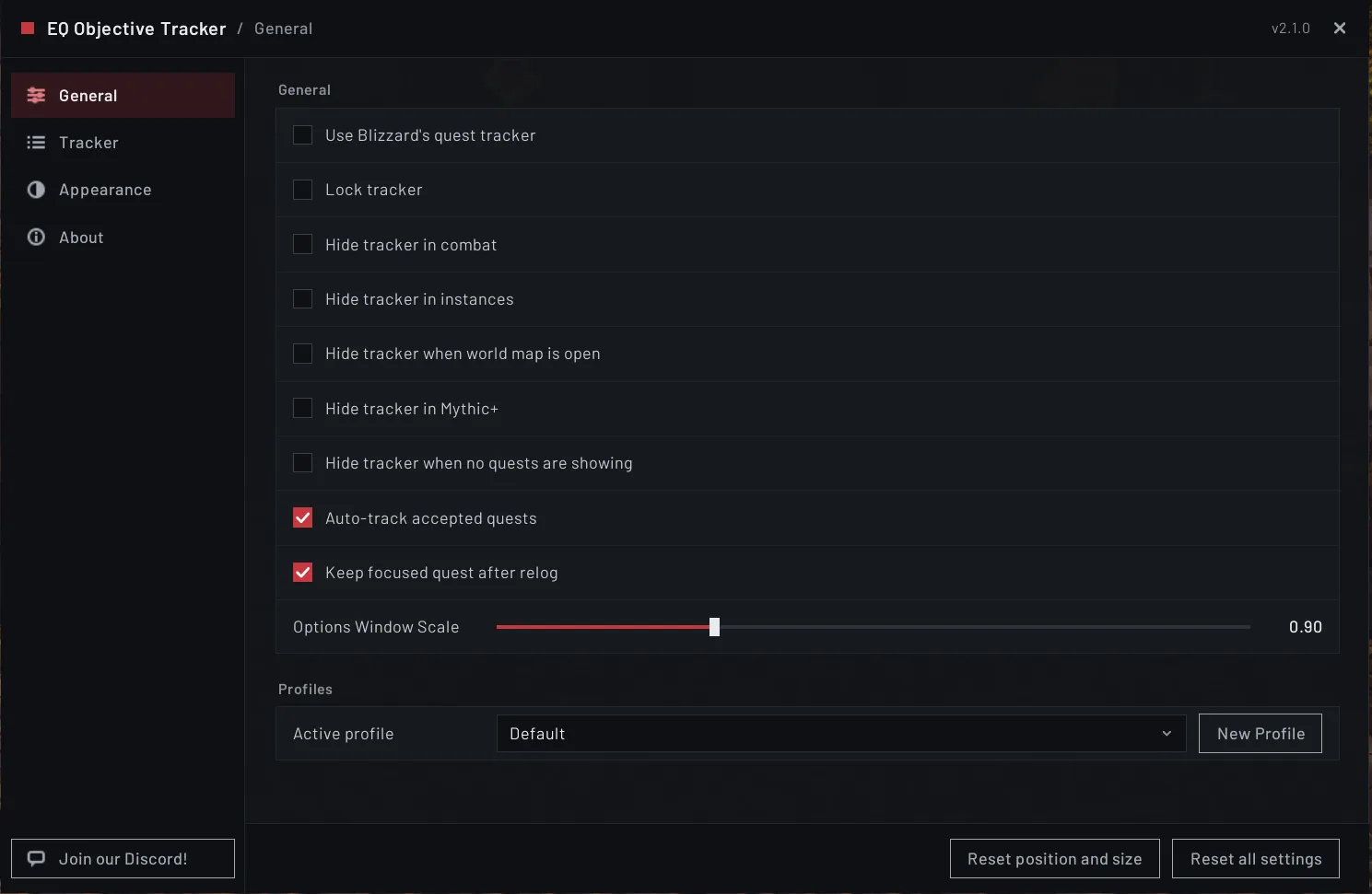 The General tab of the options window with hide rules, auto-track and profiles.
