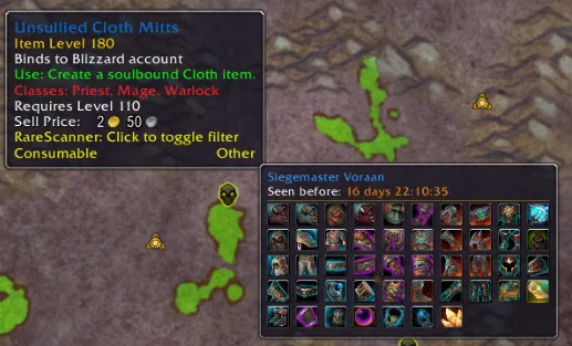 Map tooltip of an NPC with a last seen time and a grid of its possible loot