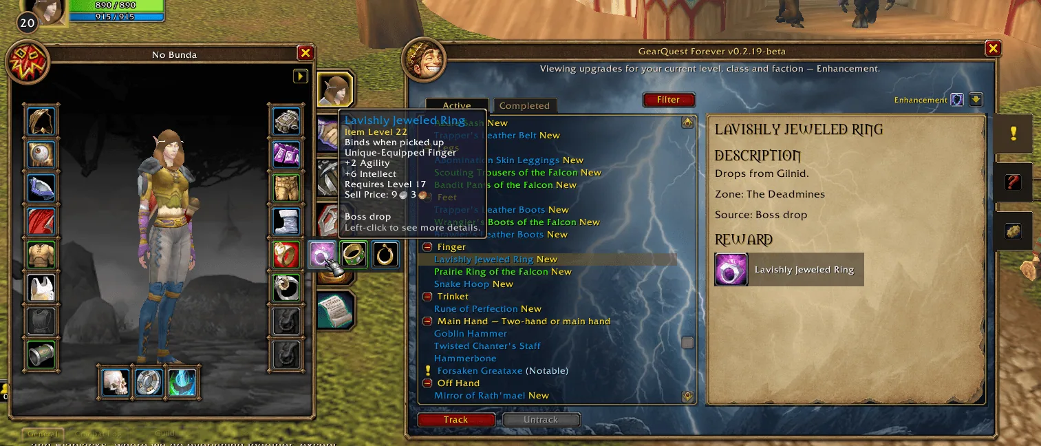 The character panel with a flyout of upgrade picks next to the ring slot, a tooltip showing the source Boss drop and the GearQuest log beside it