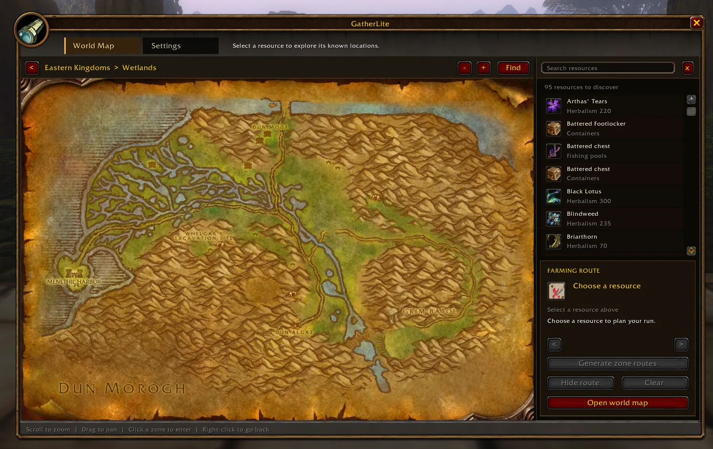 The GatherLite window on Wetlands with a search list of 95 resources such as Arthas' Tears and Black Lotus with their Herbalism skill, and the farming route panel.