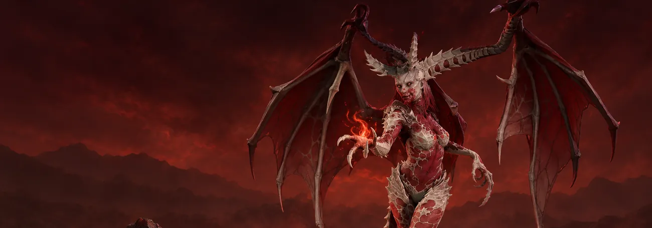 The Blood Maiden, a winged succubus, rises above a blood-red ritual circle in a Diablo 4 Helltide