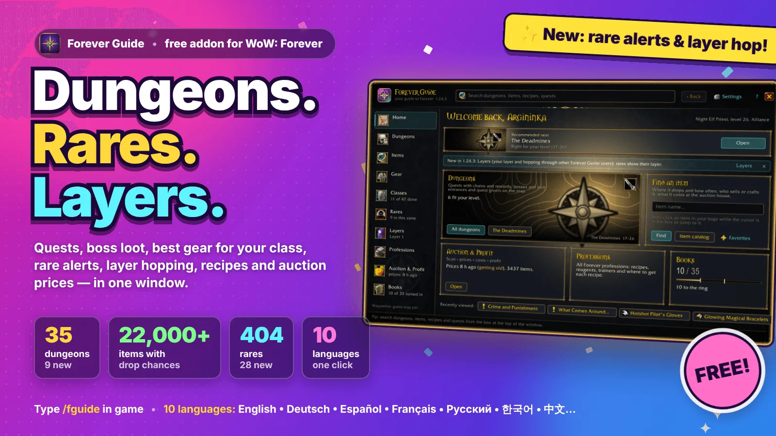 Promo graphic with the Forever Guide home window, showing the sidebar sections, the recommended next dungeon and the Auction, Professions and Books tiles.