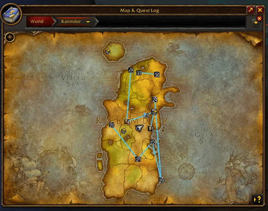 The Kalimdor world map with numbered book markers joined by a blue route line