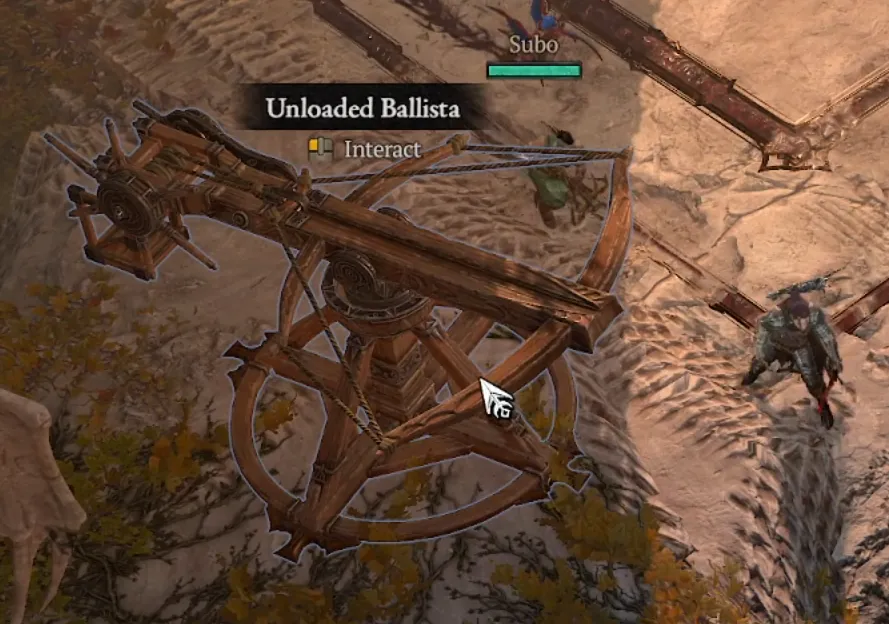 Highlighted wooden ballista in Diablo 4 labelled Unloaded Ballista with an Interact prompt