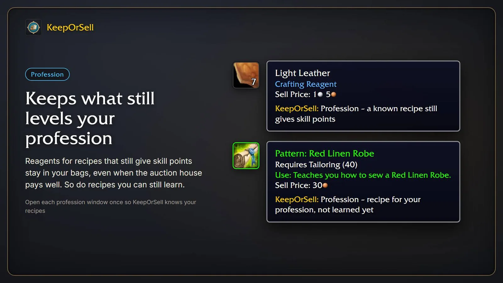 Illustration of the Profession group that keeps reagents for recipes that still give skill points.
