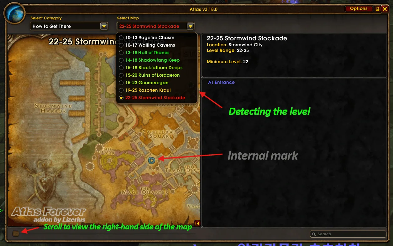 The How to Get There category with a dungeon dropdown colored by level and a world map of Stormwind City marking the Stockade entrance