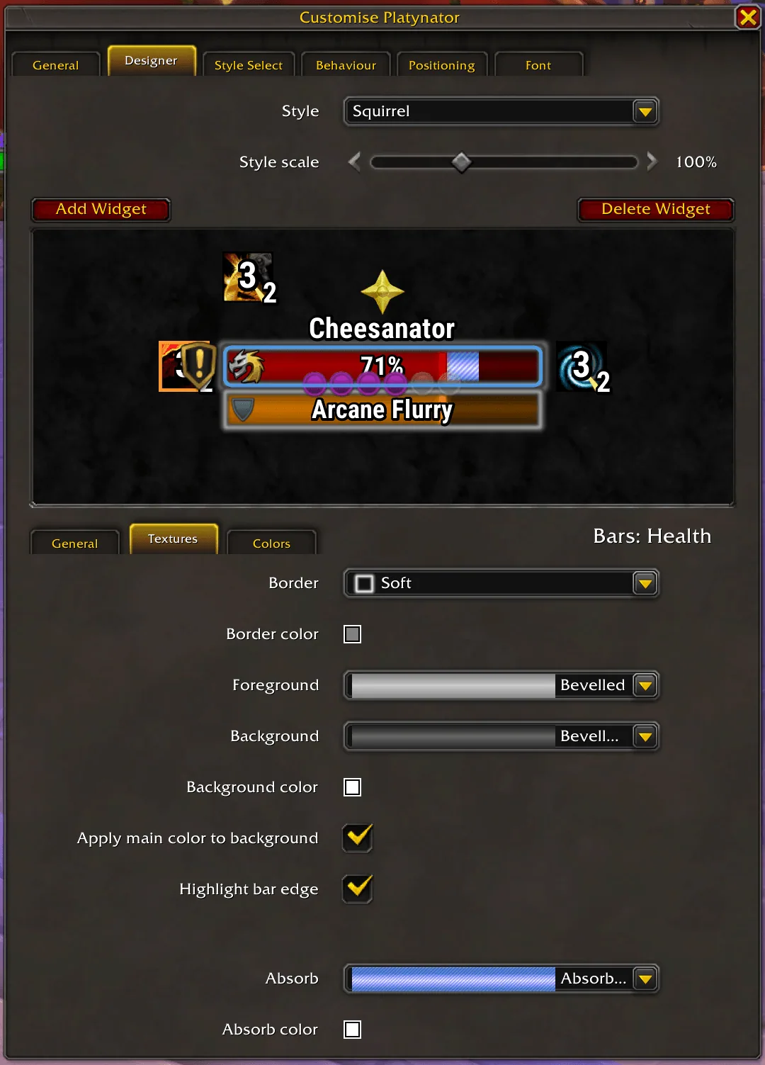 The Platynator designer tab with a live nameplate preview, a style picker and the texture settings for the health bar below it.