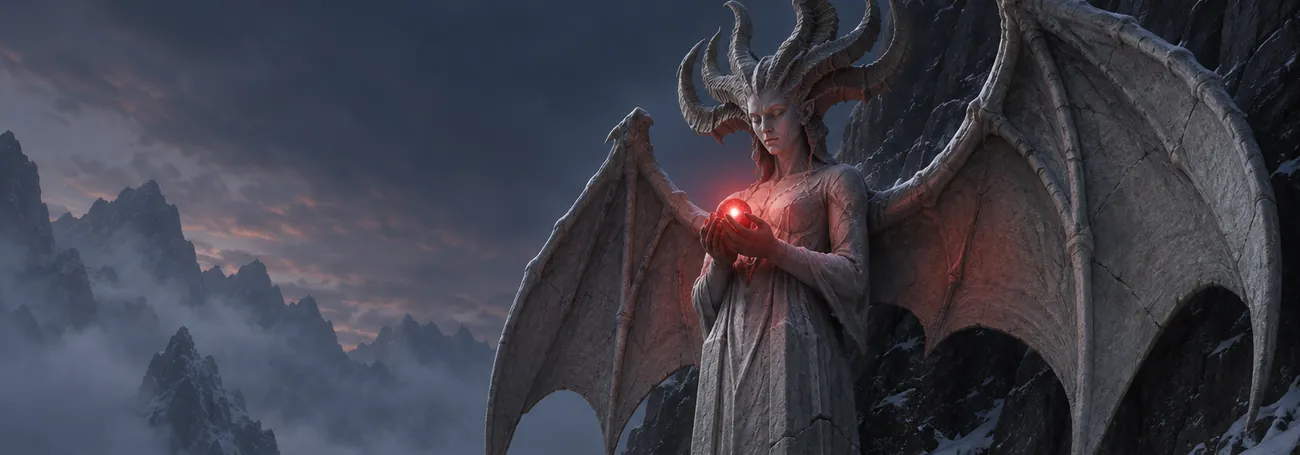 Ein steinerner Altar von Lilith mit ausgebreiteten Flügeln und rot glühendem Licht in den Händen an einem verschneiten Bergpfad in Diablo 4