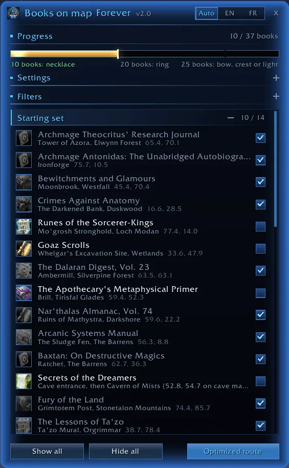 The Books on Map Forever window with a progress bar of 10 of 37 books and the starting set listed with zones, coordinates and tick boxes