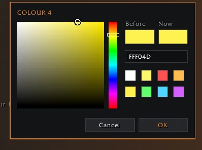 The addon's own color picker with a color field, hue strip, hex box, Before and Now swatches and preset colors.