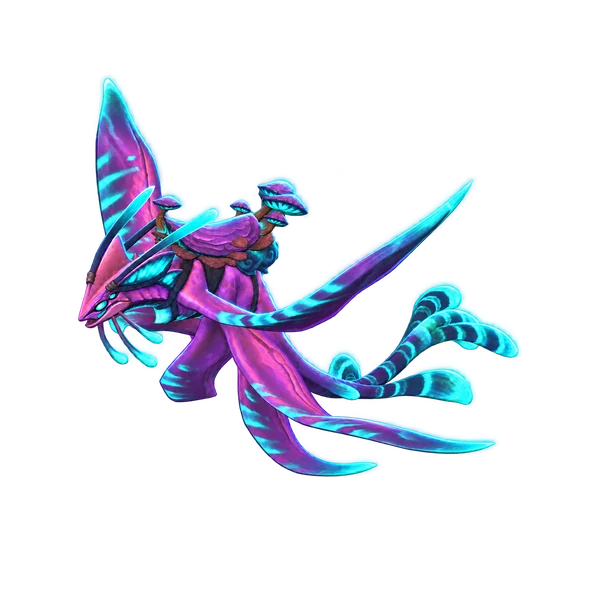Luminous Sporeglider, the glowing violet and cyan sporeglider mount from Rotmire in Sporefall.