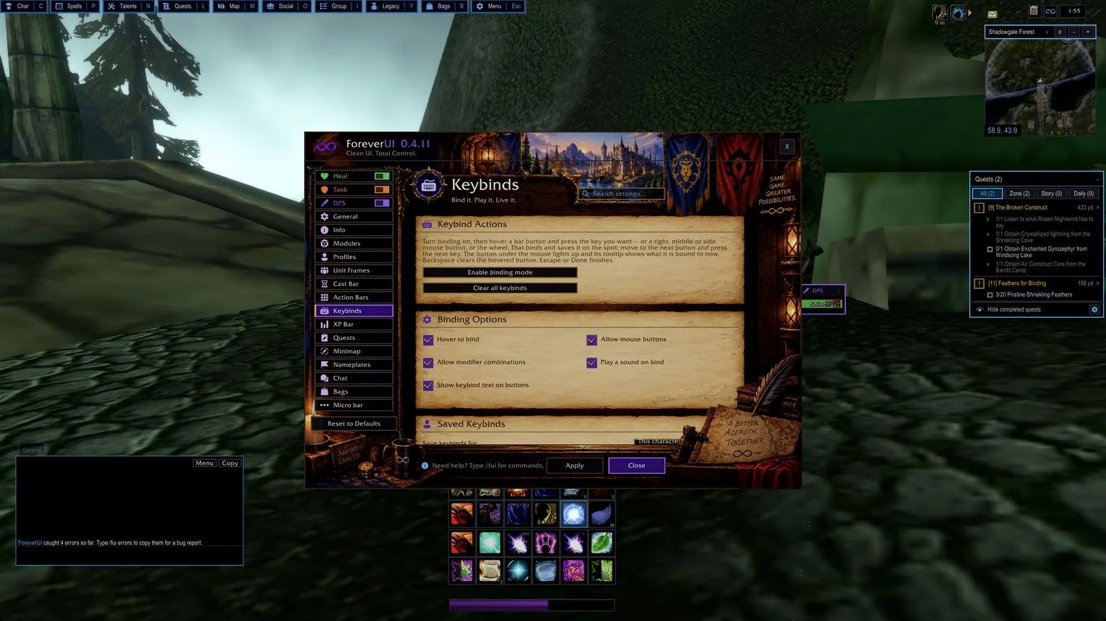 The Keybinds page of the settings